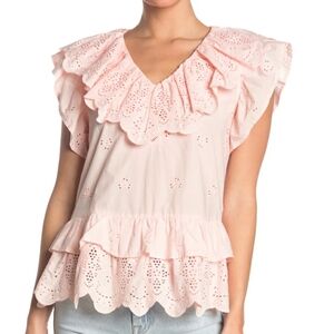 NWT 7 for All Mankind Double Ruffle Eyelet Top in Pink